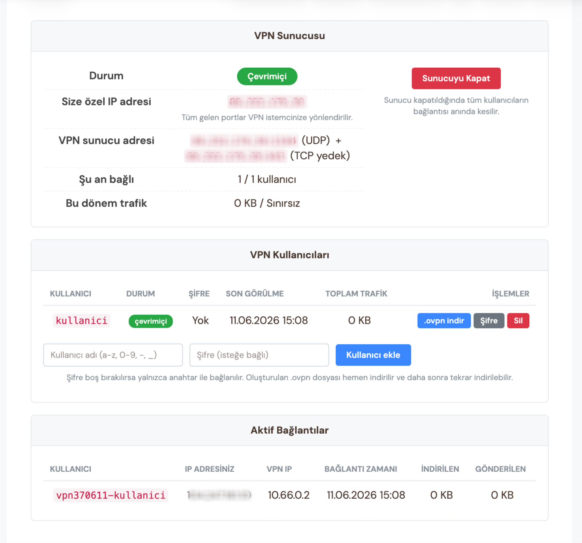 Kurumsal VPN yönetim paneli - sunucu durumu, kullanıcı yönetimi ve aktif bağlantılar